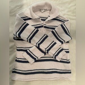 Vince V-Neck Striped Cotton Sweater, Size L, Blue and White